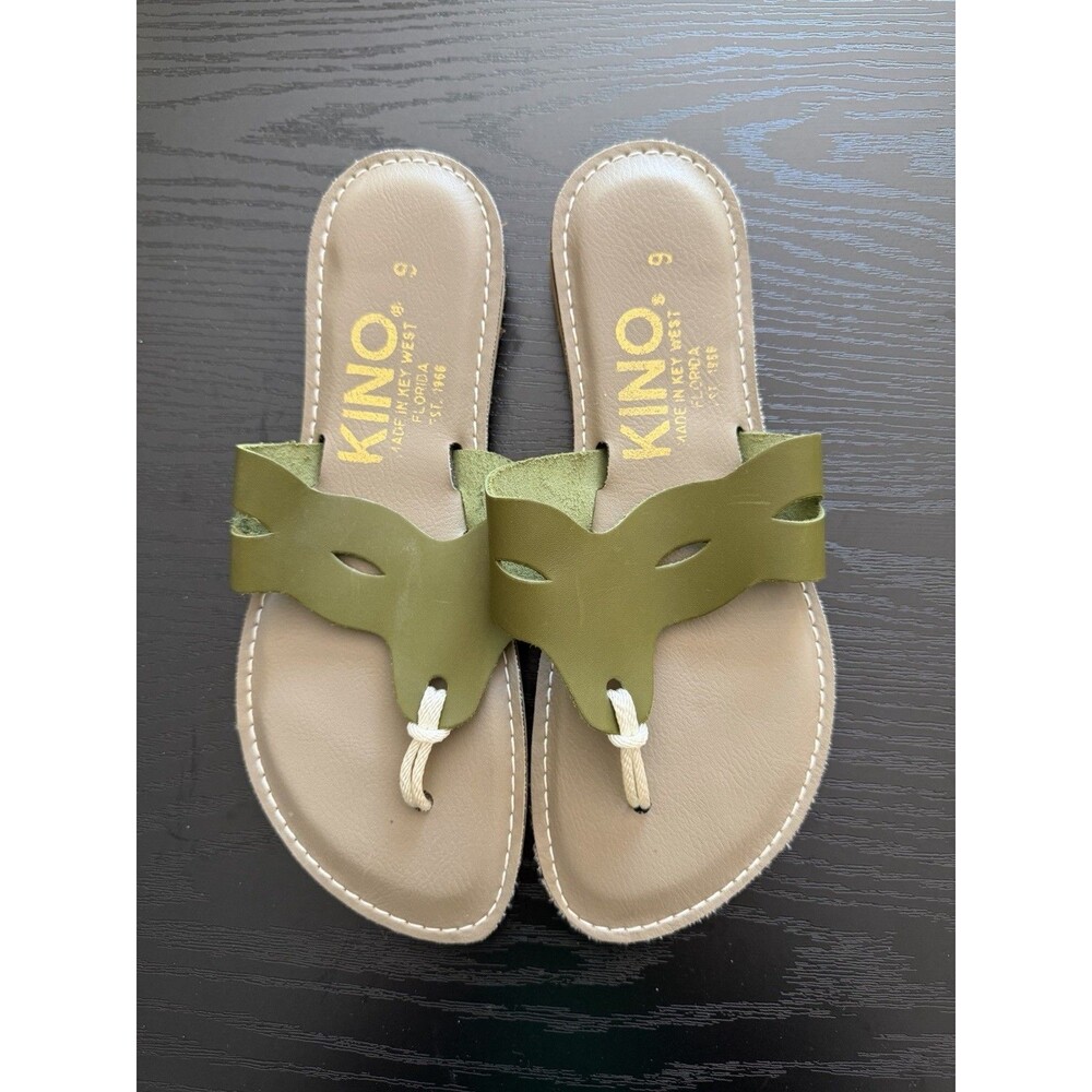 KINO Key West FL Women’s Flip Flops Sz 9 Thongs Sandals, Green Leather, New